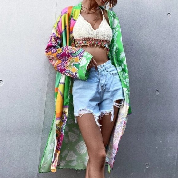 . Tops - Print Open Print Kimono Cover-up Beach wear Duster